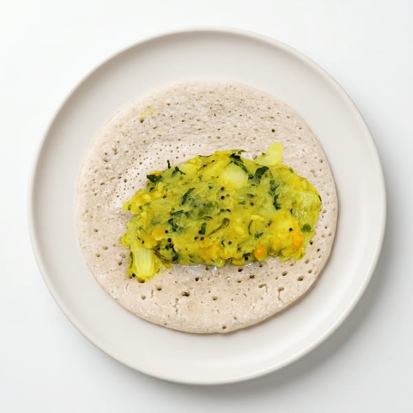 A dosa pancake with a yellow potato and vegetable filling on a white plate.