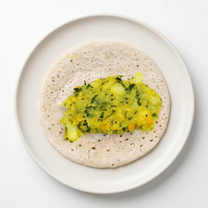 A dosa pancake with a yellow potato and vegetable filling on a white plate.