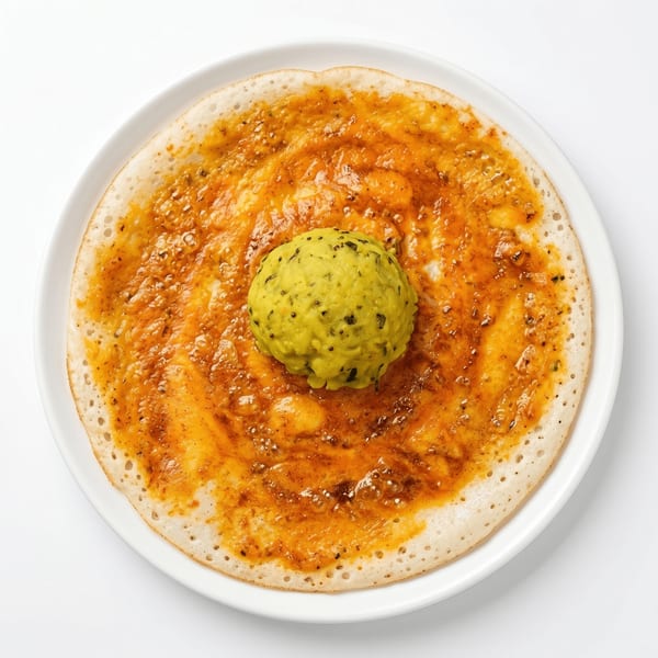 A dosa, a thin savory pancake, topped with a vibrant orange sauce and a scoop of green chutney.