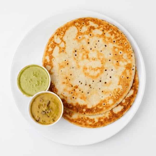 Two golden-brown dosas with two small bowls of green and yellow chutneys on a white plate.