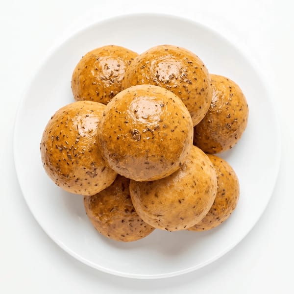 A white plate holds a pile of golden-brown dinner rolls, speckled with dark herbs or seeds.