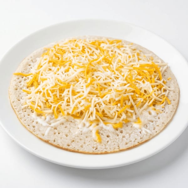 A round, flat pancake-like dish topped with shredded white and yellow cheese on a white plate.
