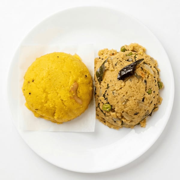 Two servings of upma, one yellow and plain, the other with vegetables and spices, on a white plate.